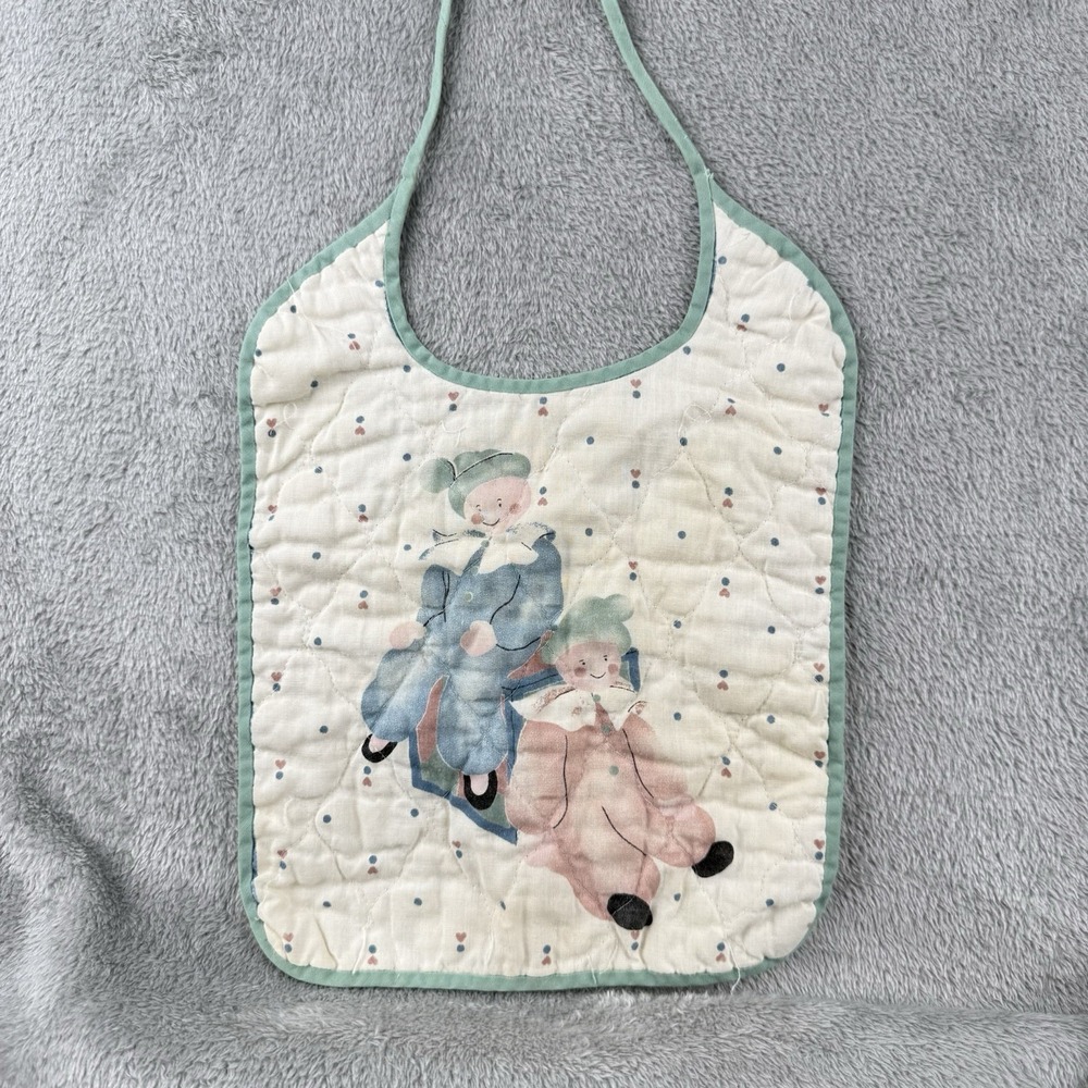 Vintage 1980s Primitive Quilted Bib Clowns Handmade Baby Feeding Green White